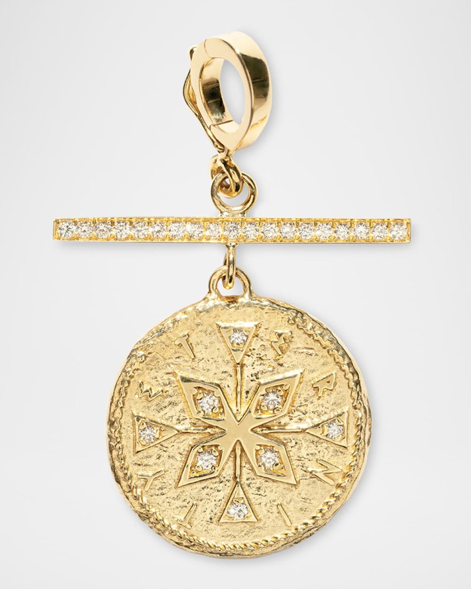 18K Yellow Gold Small Diamond Compass Charm with Pave Bar